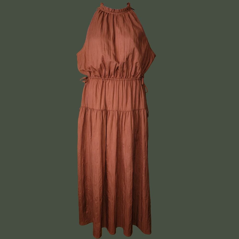 Gap High Neck Midi Dress in Rust Brown Satin, Size XL
